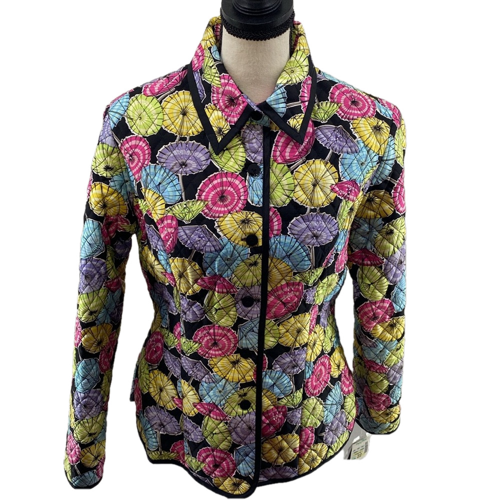 VTG—SILKLAND—Umbrella Print Silk Quilted Beaded Lined Button Up Jacket—Sz Small - Picture 14 of 16